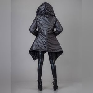 Avant Garde Black Quilted Winter Coat , Shawl Collar hood Puffer Jacket